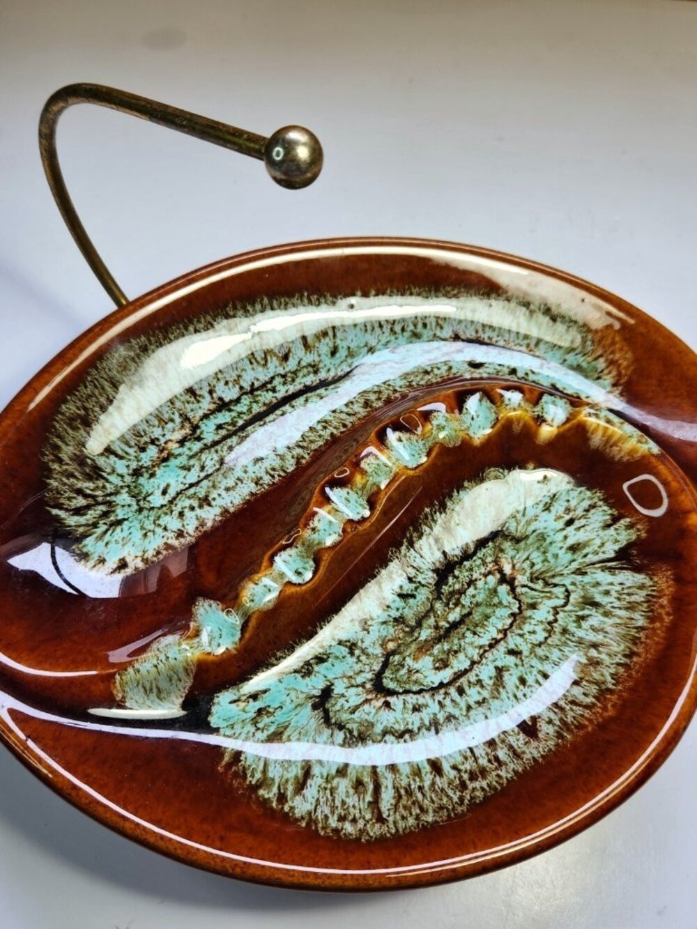 Vintage Mid Century Ceramic Ashtray Brown Turquoise Drip Glaze Pottery and Stand